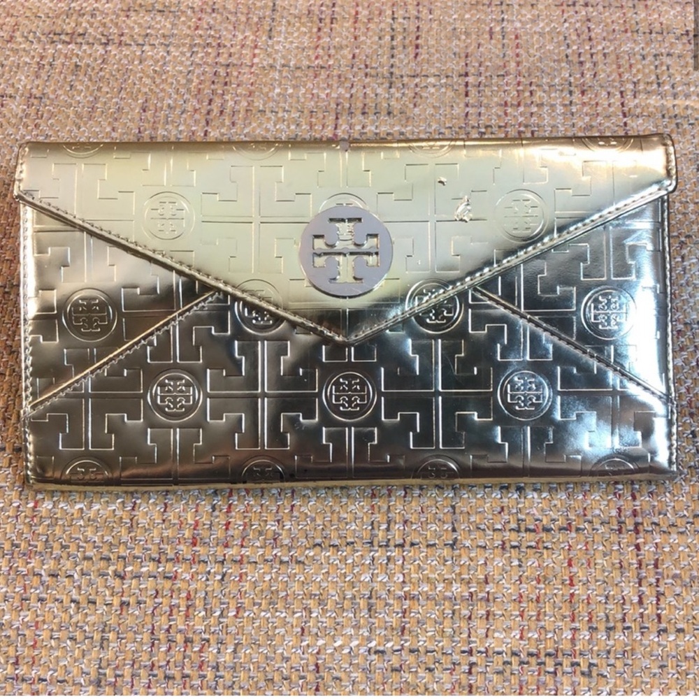 TORY BURCH Trifold Metallic Gold Logo Envelope Clutch W Blue Suede Lining 9x4.5